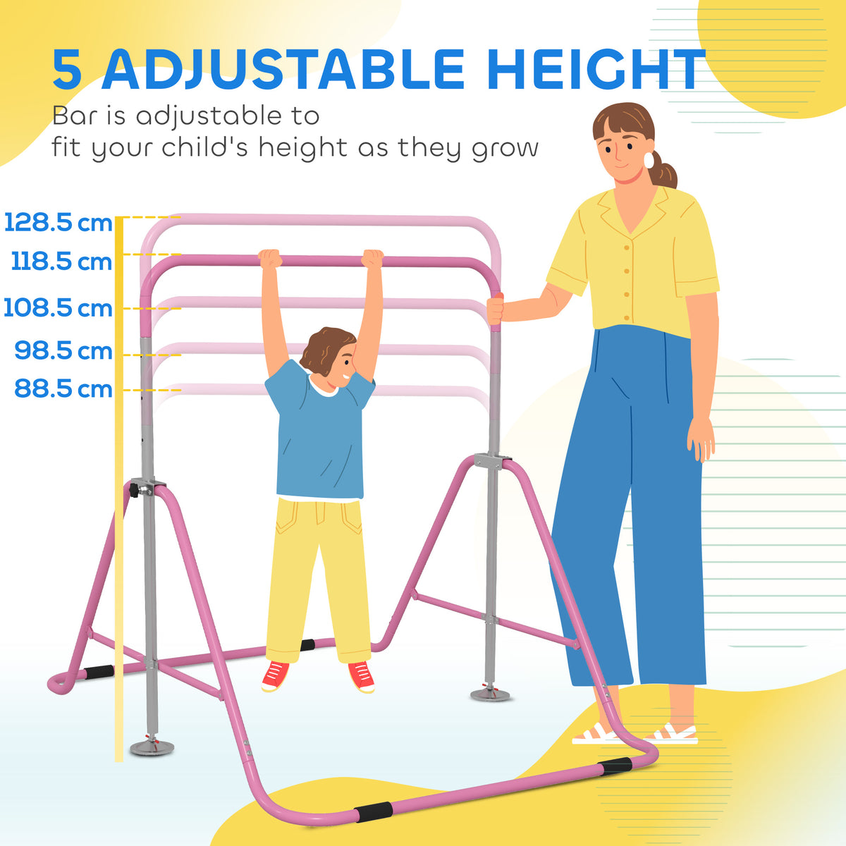 HOMCOM Kids Gymnastic Bar, with Adjustable Height, Foldable Horizontal Bars - Pink
