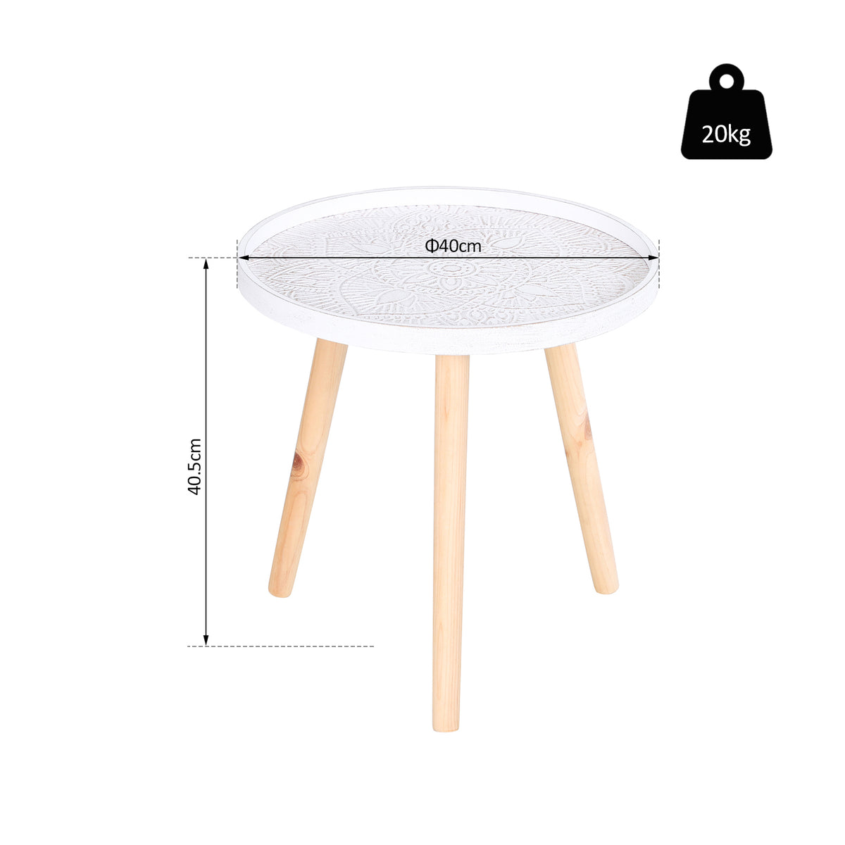 Round white coffee table with carved tray top, three wood legs, and size markings