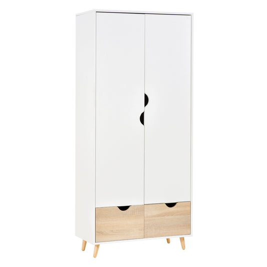 Photo of HOMCOM 2-Door Clothes Wardrobe w/ Rail Shelf 2 Drawers Wood Feet Elegant Home Storage Organisation Furniture, White in White colour on a white background
