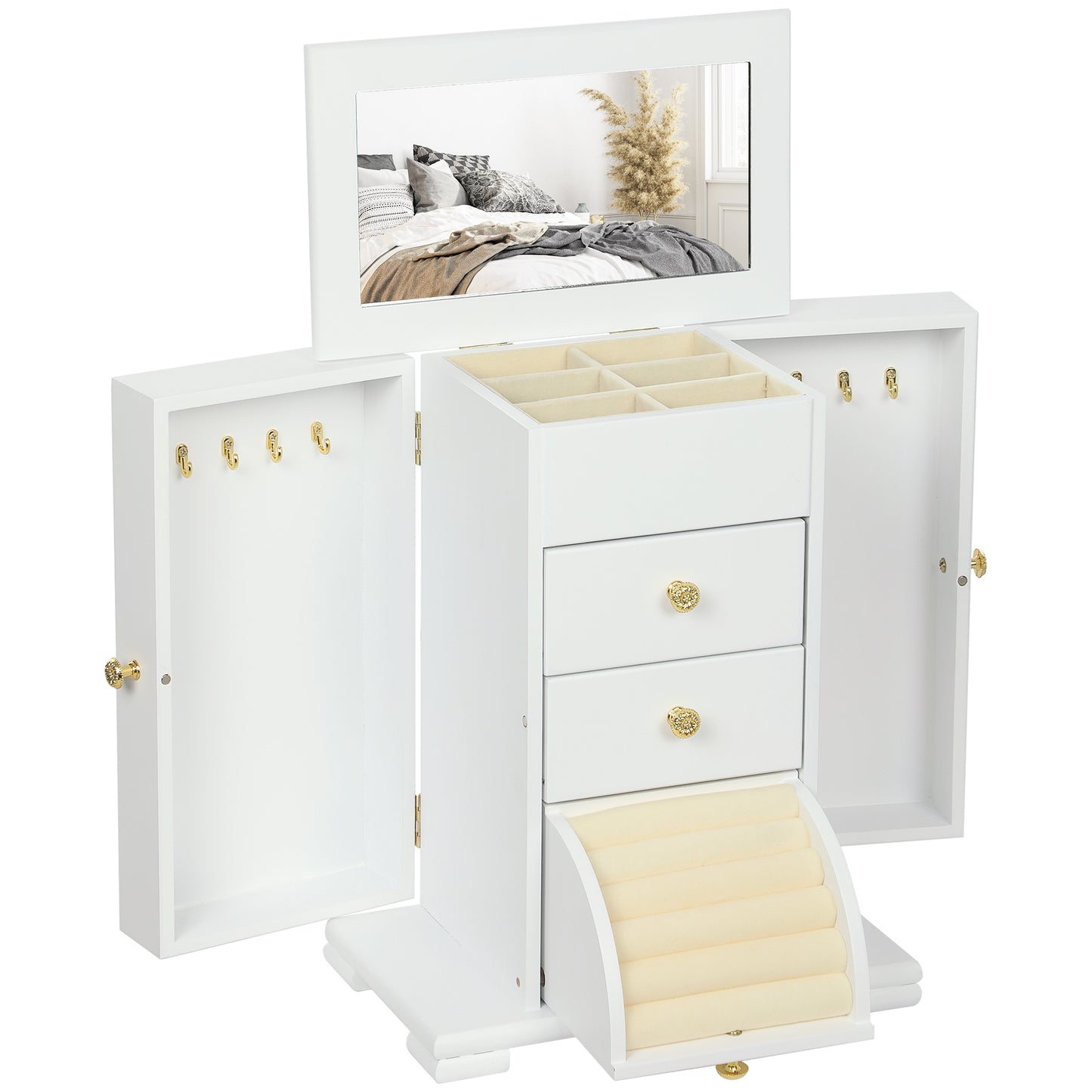 Photo of HOMCOM 4-Tier Jewellery Box with Mirror and 2 Drawers - White in White colour on a white background