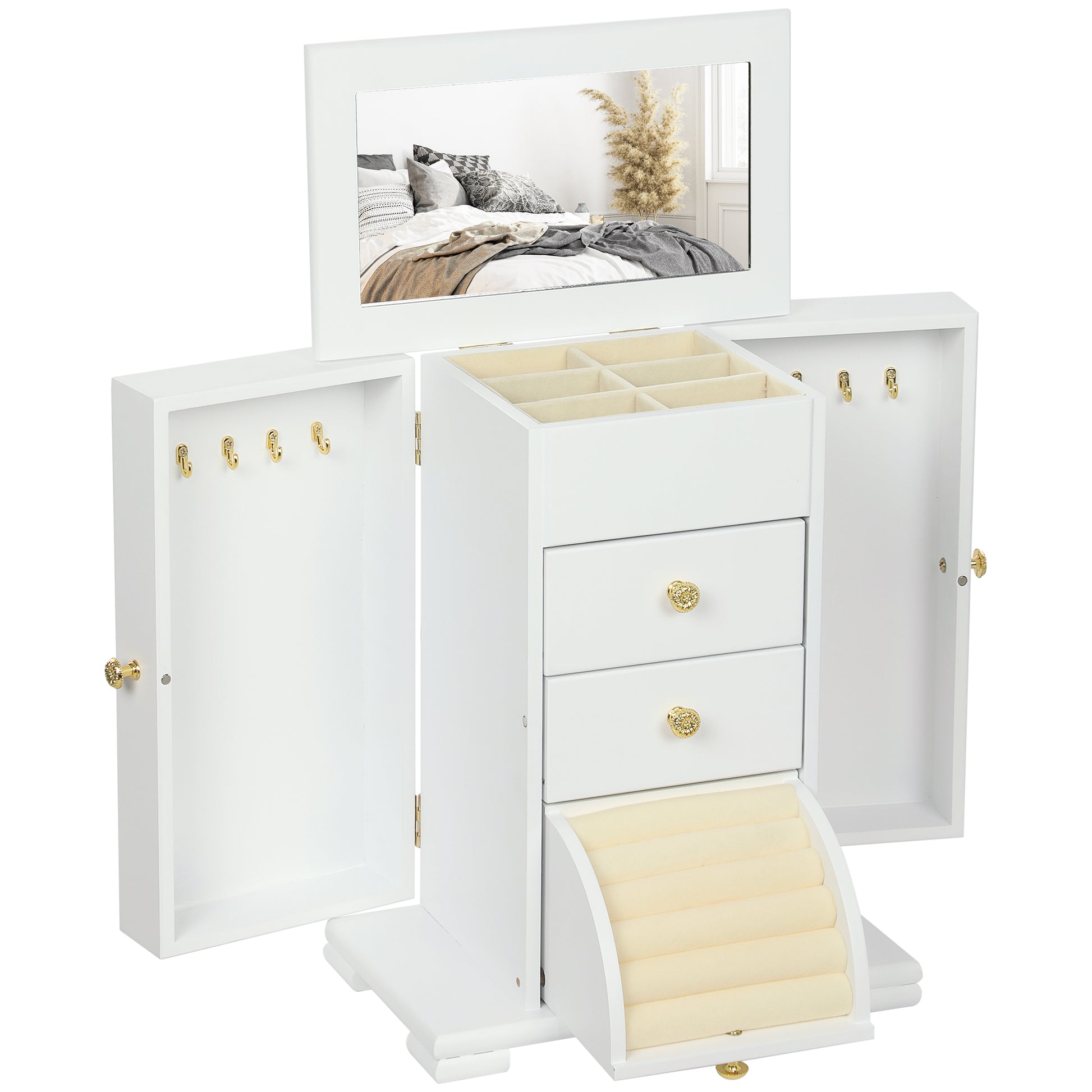 Photo of HOMCOM 4-Tier Jewellery Box with Mirror and 2 Drawers - White in White colour on a white background