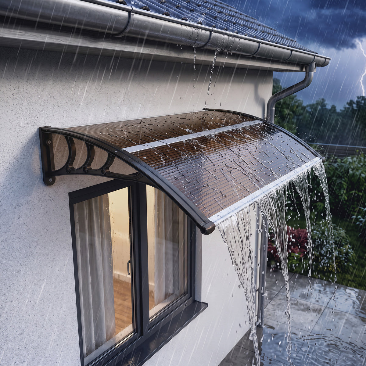 Brown polycarbonate door canopy diverting rainwater above a window.