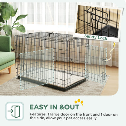 PawHut dog crate with both doors open and close-up of its safety latch