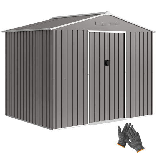 Photo of Outsunny 8 x 6ft Galvanised Steel Shed, with Double Door - Light Grey in Grey colour on a white background