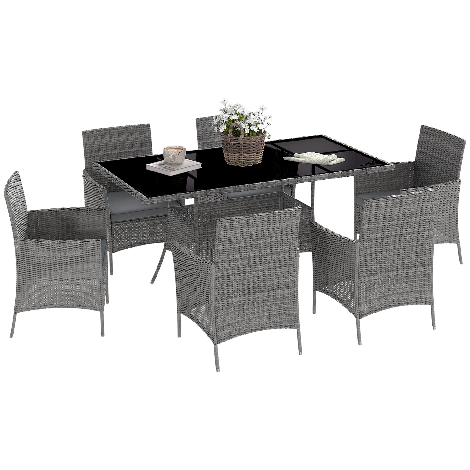 Photo of Outsunny 7-Piece Rattan Garden Furniture Set with Cushions, 6 Seater Garden Table and Chairs, Rattan Dining Set with 6 Armchairs, Rectangular Glass Top Table, Charcoal Grey in Grey colour on a white background
