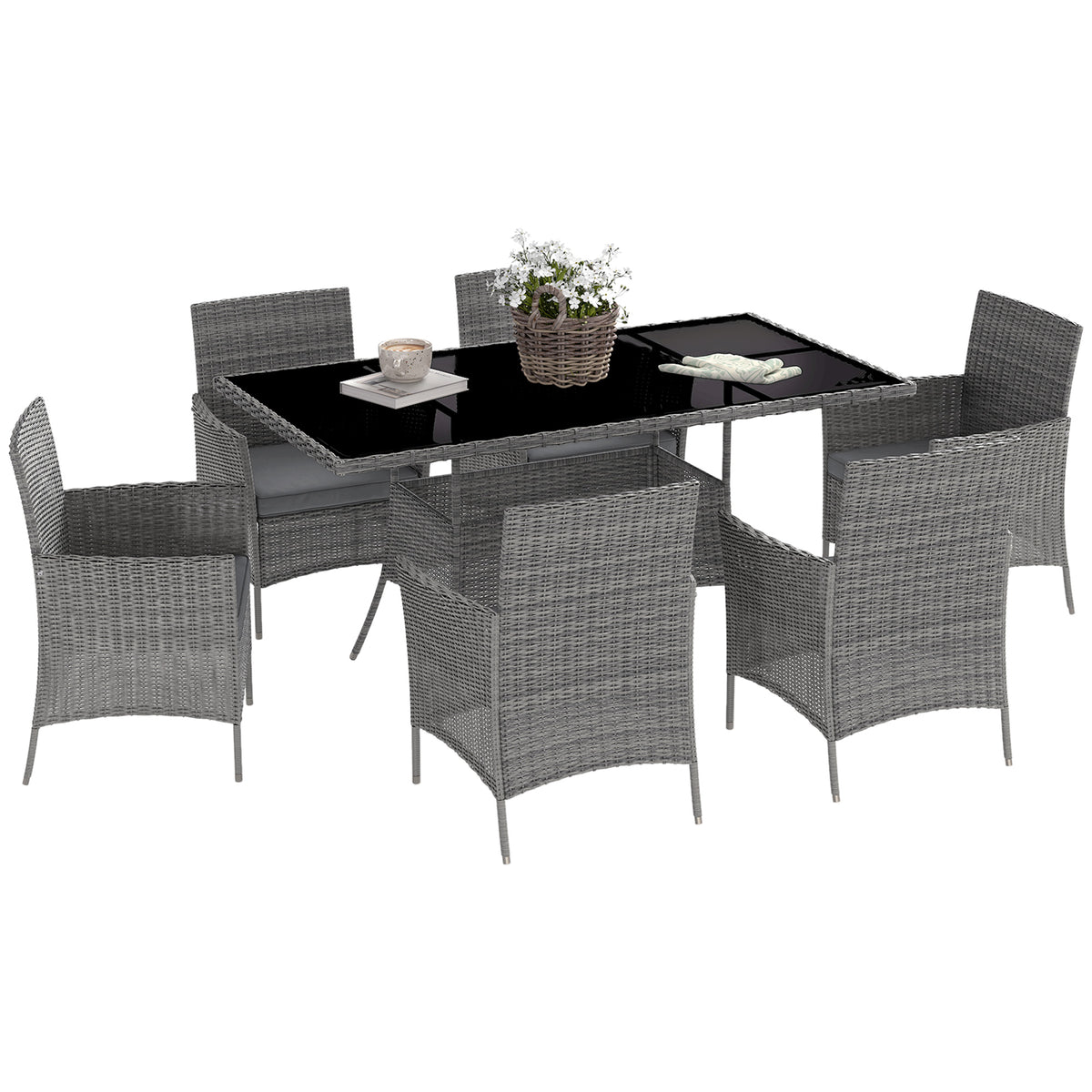 Photo of Outsunny 7-Piece Rattan Garden Furniture Set with Cushions, 6 Seater Garden Table and Chairs, Rattan Dining Set with 6 Armchairs, Rectangular Glass Top Table, Charcoal Grey in Grey colour on a white background