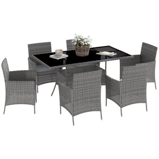 Photo of Outsunny 7-Piece Rattan Garden Furniture Set with Cushions, 6 Seater Garden Table and Chairs, Rattan Dining Set with 6 Armchairs, Rectangular Glass Top Table, Charcoal Grey in Grey colour on a white background