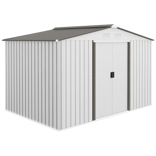 Photo of Outsunny Metal 9 x 6FT Bike Shed, Mobility Scooter Shed House with Foundation Kit, Ventilation, Silver in Silver colour on a white background