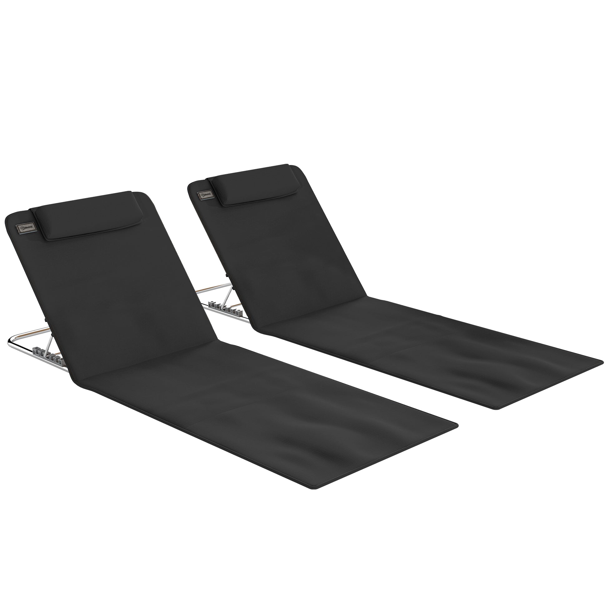 Photo of Outsunny Set of 2 Foldable Garden Beach Chair Mat Lightweight Outdoor Sun Lounger Seats Adjustable Back Metal Frame PE Fabric Head Pillow w/ Carry Bag, Black in Black colour on a white background