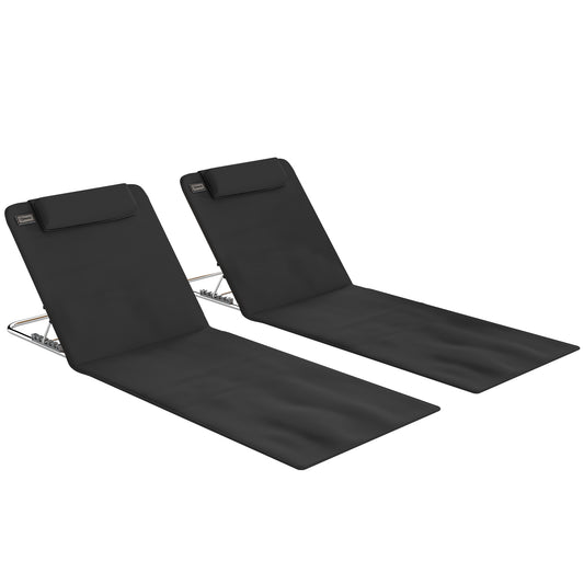 Photo of Outsunny Set of 2 Foldable Garden Beach Chair Mat Lightweight Outdoor Sun Lounger Seats Adjustable Back Metal Frame PE Fabric Head Pillow w/ Carry Bag, Black in Black colour on a white background