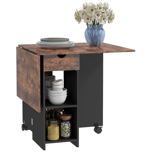Photo of HOMCOM Folding Dining Table, Drop Leaf Table for Small Spaces, Foldable Table with Drawer and Storage Shelves for Kitchen, Dining Room, Rustic Brown in Brown colour on a white background