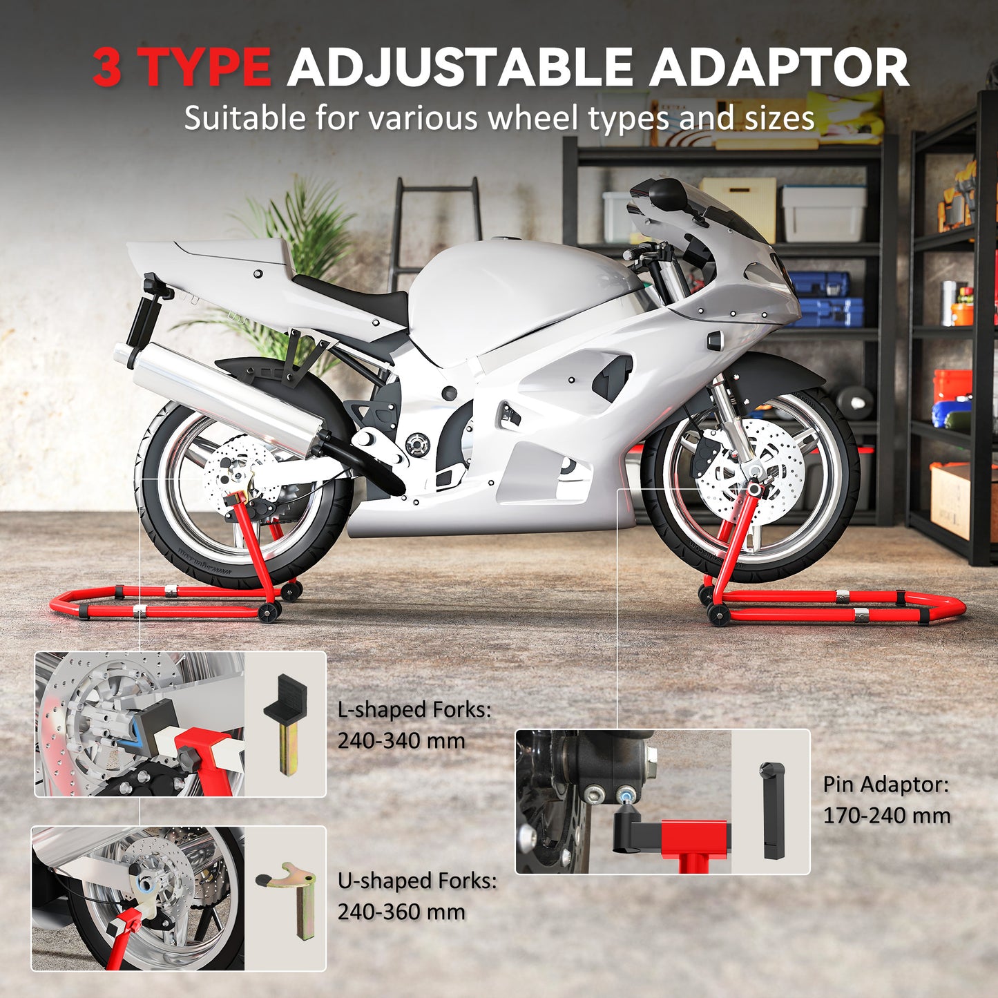 HOMCOM Motorcycle Stand, Front/Rear Paddock Stand, with 390 kg Weight Capacity, Red