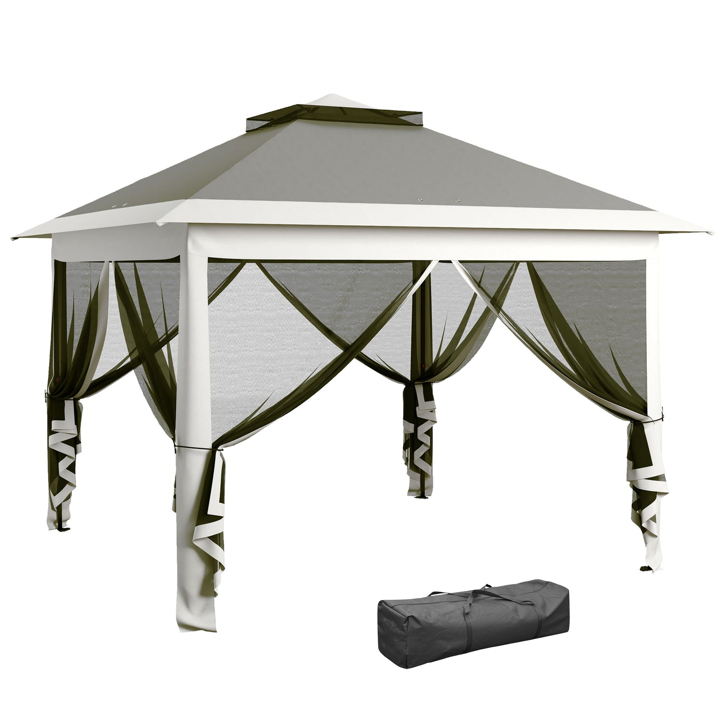Photo of Outsunny Pop Up Canopy Tent with Double Roof, Zipped Mesh Sidewalls, Carrying Bag, Height Adjustable for Patio Garden, Dark Grey in Grey colour on a white background