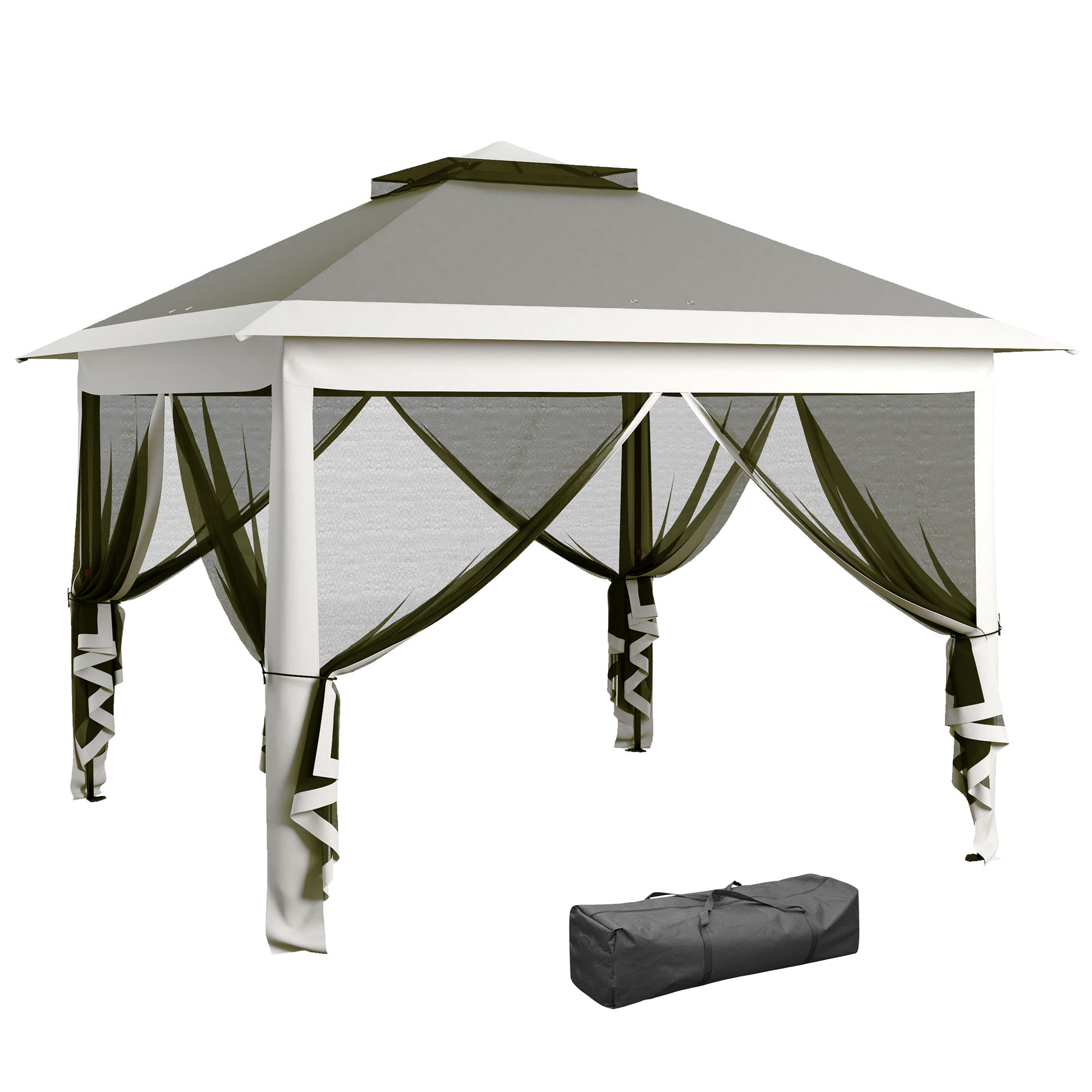 Photo of Outsunny Pop Up Canopy Tent with Double Roof, Zipped Mesh Sidewalls, Carrying Bag, Height Adjustable for Patio Garden, Dark Grey in Grey colour on a white background