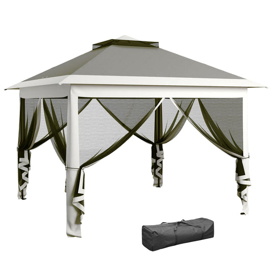 Photo of Outsunny Pop Up Canopy Tent with Double Roof, Zipped Mesh Sidewalls, Carrying Bag, Height Adjustable for Patio Garden, Dark Grey in Grey colour on a white background