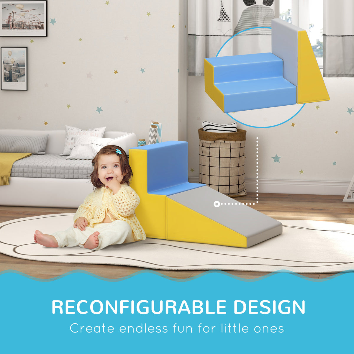 Toddler soft play set arranged as a step beside a ramp, with yellow sides and blue and gray pads