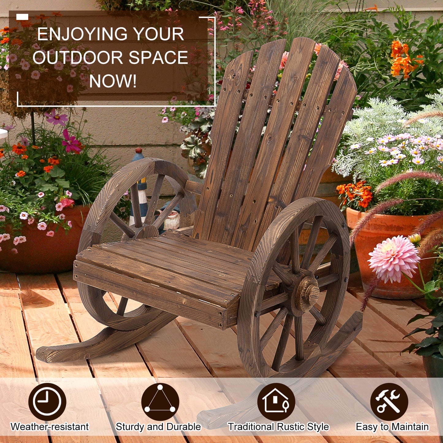 Outsunny Wooden Adirondack Rocking Chair Reclining Armchair Garden Furniture Patio Porch Rocker - Carbonized Wood