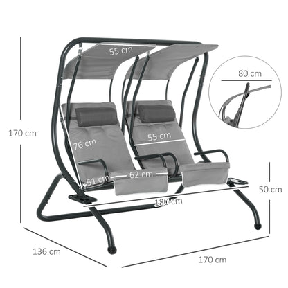 Outsunny double canopy swing with two gray reclining seats and dimensions marked