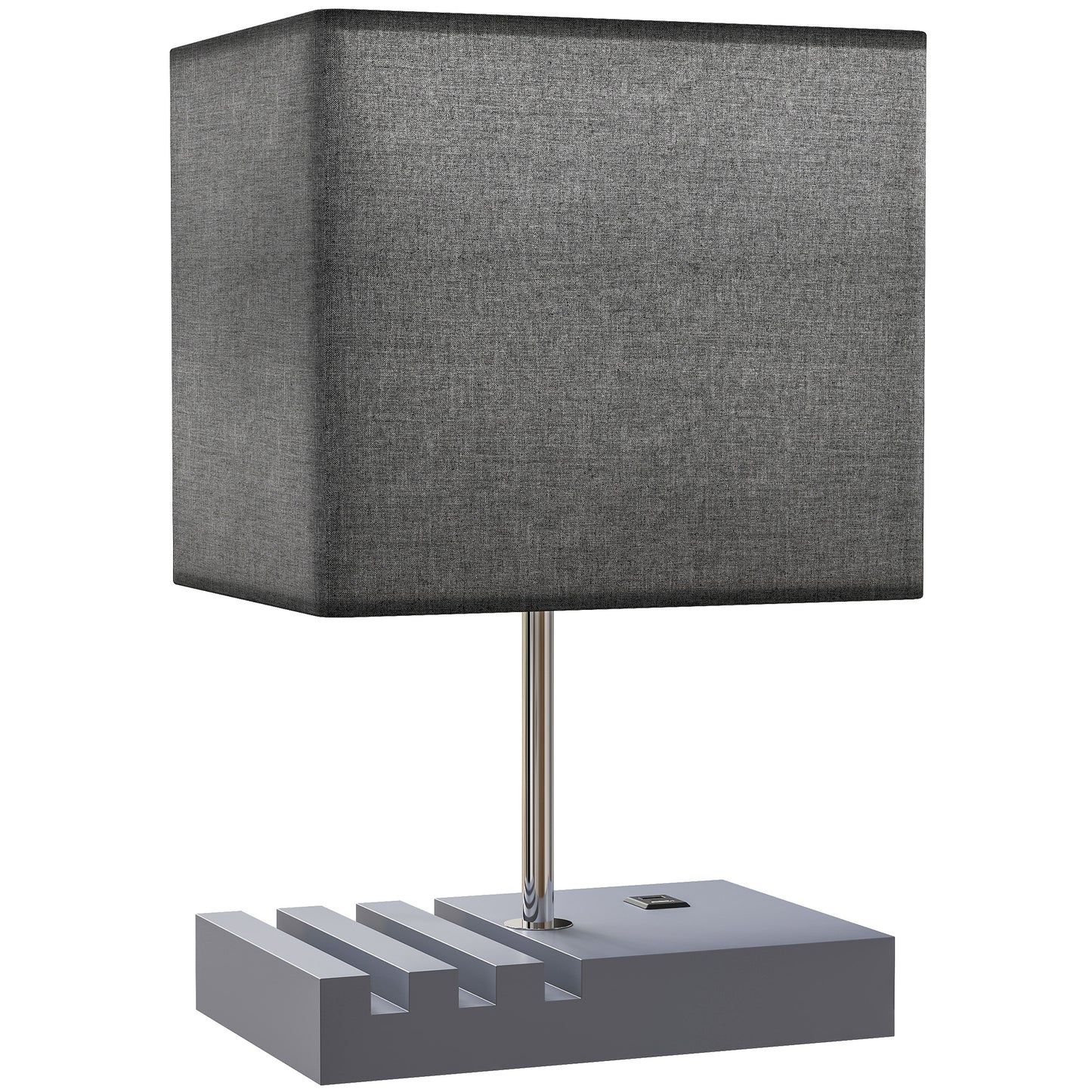 Photo of HOMCOM Bedside Lamp with USB A+C Charging Ports and 3 Phone Stands, Modern Table Lamp with Solid Wood Base and Fabric Shade for Bedroom Living Room Office, E27 Socket, Bulb Not Included, Grey in Grey colour on a white background