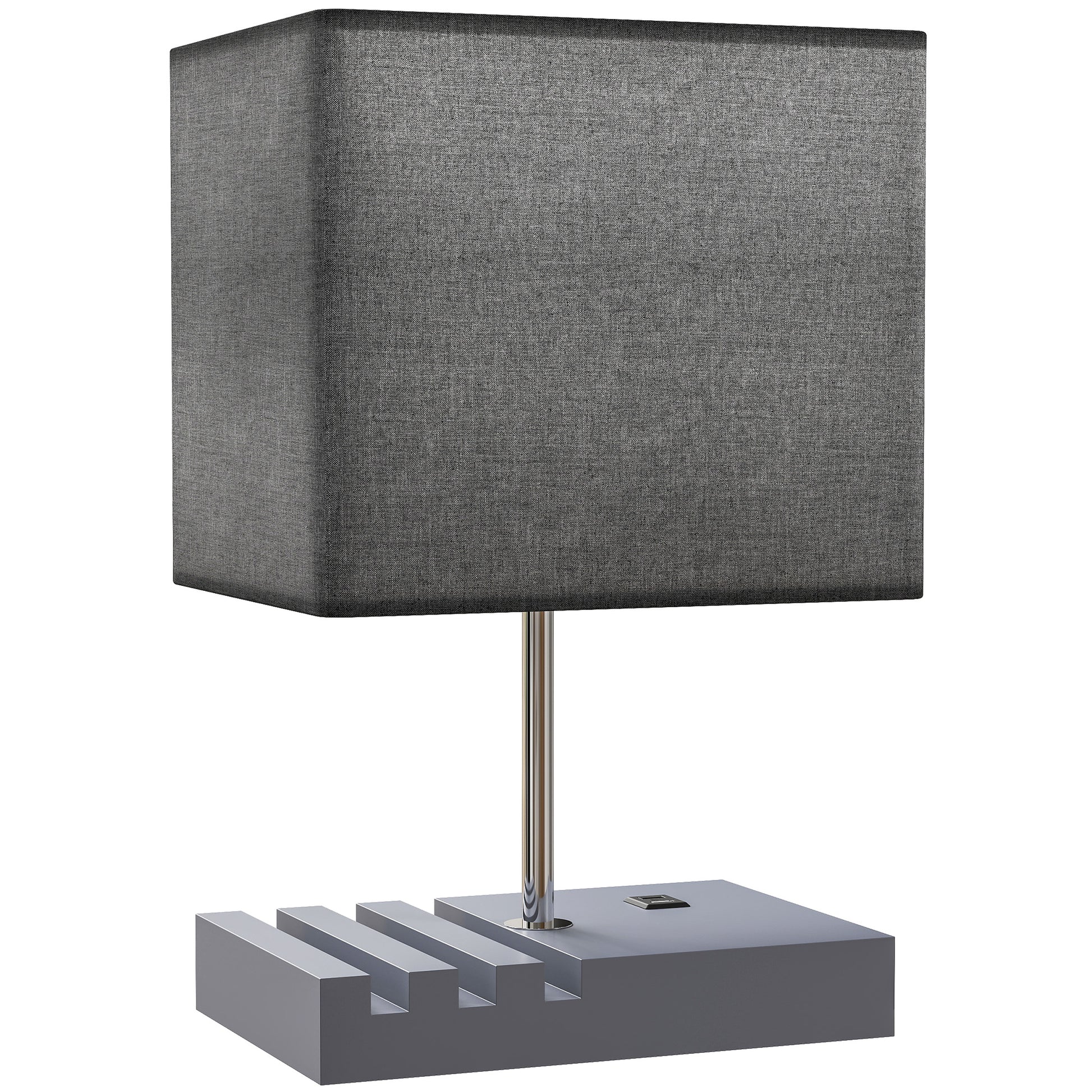 Photo of HOMCOM Bedside Lamp with USB A+C Charging Ports and 3 Phone Stands, Modern Table Lamp with Solid Wood Base and Fabric Shade for Bedroom Living Room Office, E27 Socket, Bulb Not Included, Grey in Grey colour on a white background