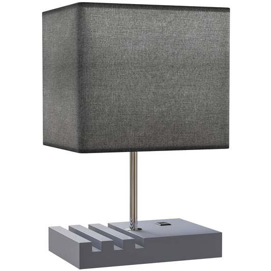 Photo of HOMCOM Bedside Lamp with USB A+C Charging Ports and 3 Phone Stands, Modern Table Lamp with Solid Wood Base and Fabric Shade for Bedroom Living Room Office, E27 Socket, Bulb Not Included, Grey in Grey colour on a white background