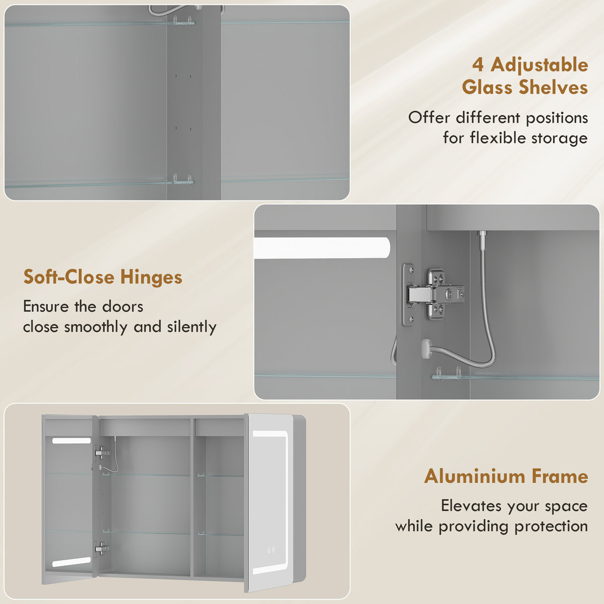 HOMCOM Mirrored Bathroom Cabinet with LED Lights, 60 x 80 cm Bathroom Mirror Cabinet with Anti-Fog, 3 Colour Dimmable Lighting