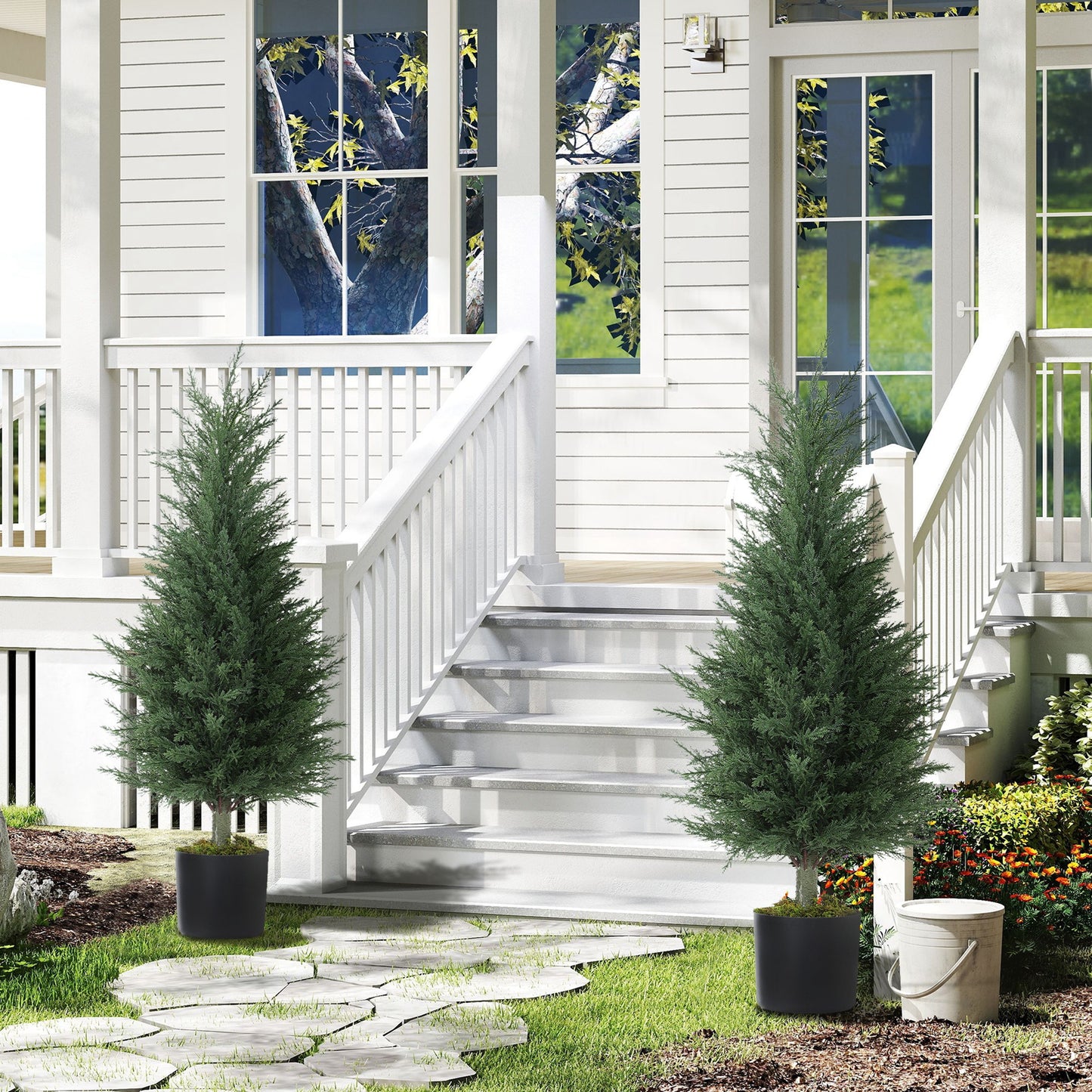 HOMCOM Artificial Cypress Tree, 90 cm Fake Cypress Tree with Plastic Pots, UV-Resistant Faux Plants for Garden Front Porch Decoration, 2 Pack