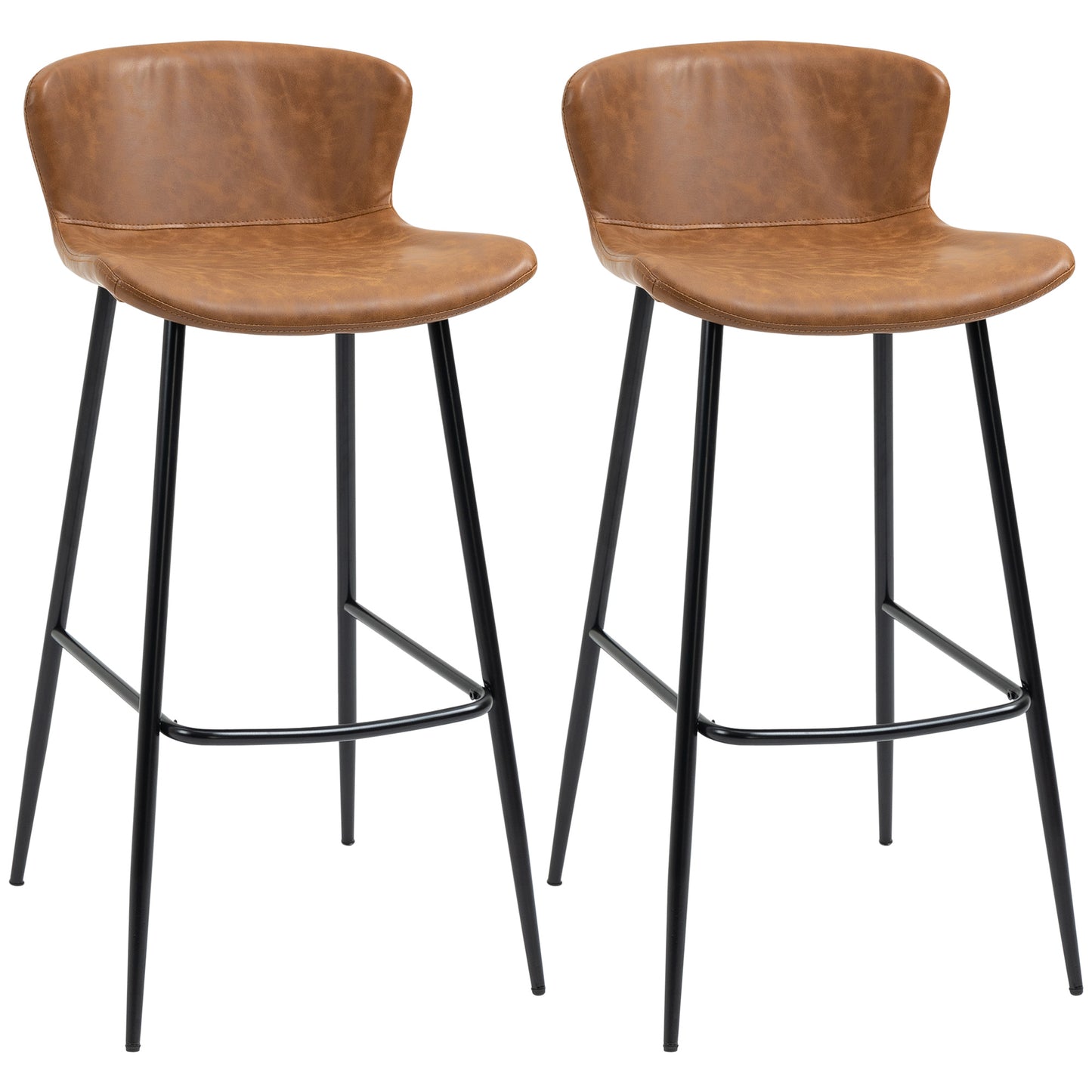 Photo of HOMCOM Bar Stools Set of 2, PU Leather Upholstered Bar Chairs, Breakfast Kitchen Counter Chairs with Backs, Steel Legs and Footrests for Dining Room, Brown in Brown colour on a white background