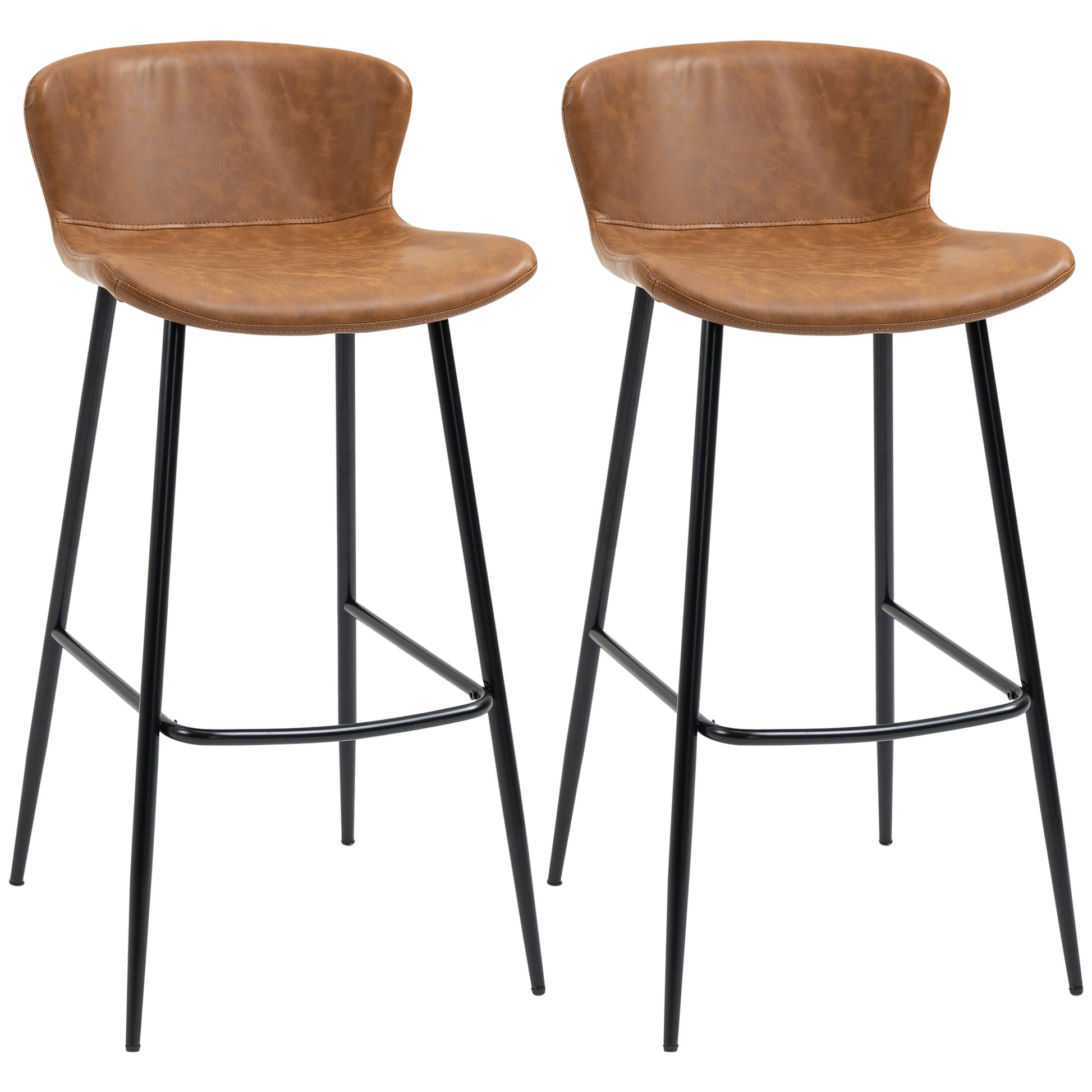 Photo of HOMCOM Bar Stools Set of 2, PU Leather Upholstered Bar Chairs, Breakfast Kitchen Counter Chairs with Backs, Steel Legs and Footrests for Dining Room, Brown in Brown colour on a white background