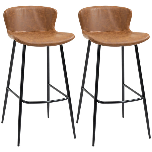 Photo of HOMCOM Bar Stools Set of 2, PU Leather Upholstered Bar Chairs, Breakfast Kitchen Counter Chairs with Backs, Steel Legs and Footrests for Dining Room, Brown in Brown colour on a white background
