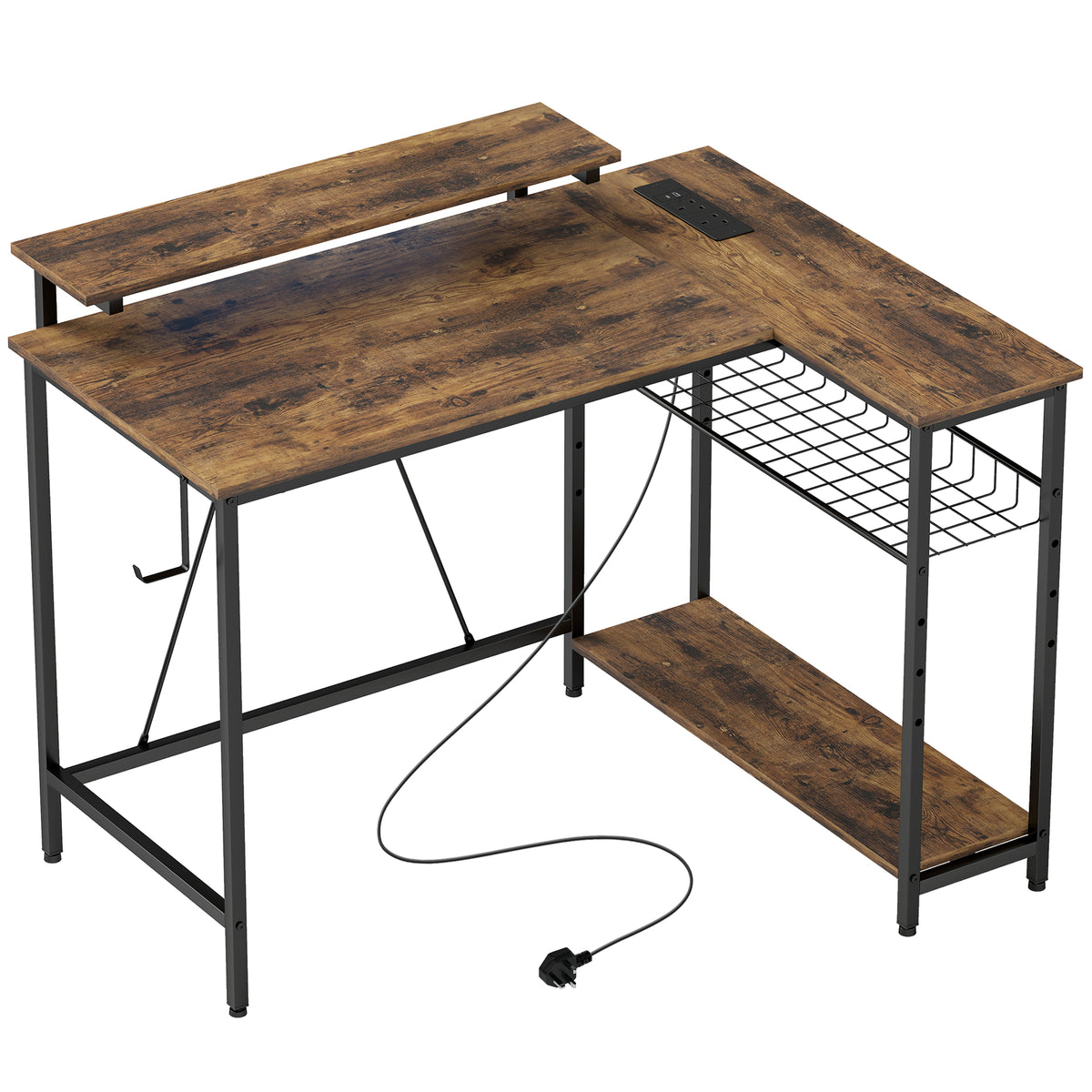 Photo of HOMCOM Reversible 'L' LED Light Gaming/Work Desk - Rustic Brown in Brown colour on a white background