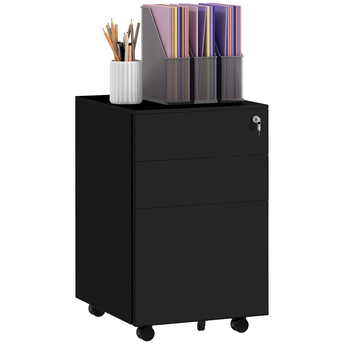 Photo of Vinsetto 3-Drawer Vertical Filing Cabinet with Pencil Tray, Lock and 5 Wheels, Steel Mobile File Cabinet, for A4, Legal and Letter Size, Pre-Assembled Body, Black in Black colour on a white background