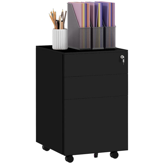 Photo of Vinsetto 3-Drawer Vertical Filing Cabinet with Pencil Tray, Lock and 5 Wheels, Steel Mobile File Cabinet, for A4, Legal and Letter Size, Pre-Assembled Body, Black in Black colour on a white background