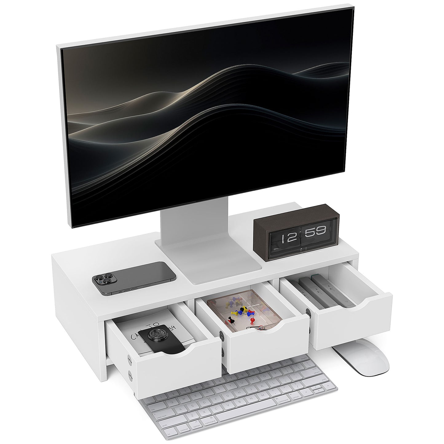 Photo of HOMCOM Monitor Stand Riser with 3 Drawers, Monitor Riser for Laptop, Computer, PC, Small Printer, 51 x 24 x 13cm, White in White colour on a white background