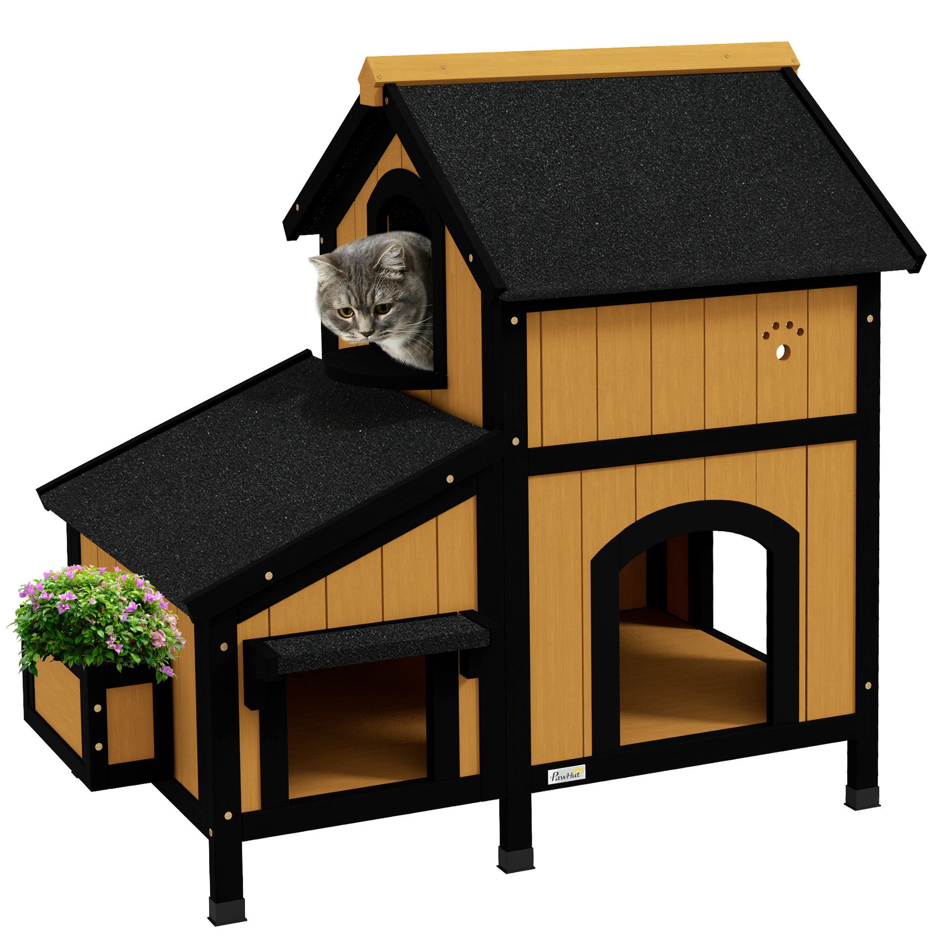 Photo of PawHut Wooden Cat House with Flower Pot, Windows, Multiple Entrances, Water-Resistant Roof for Outdoor - Yellow in Yellow colour on a white background