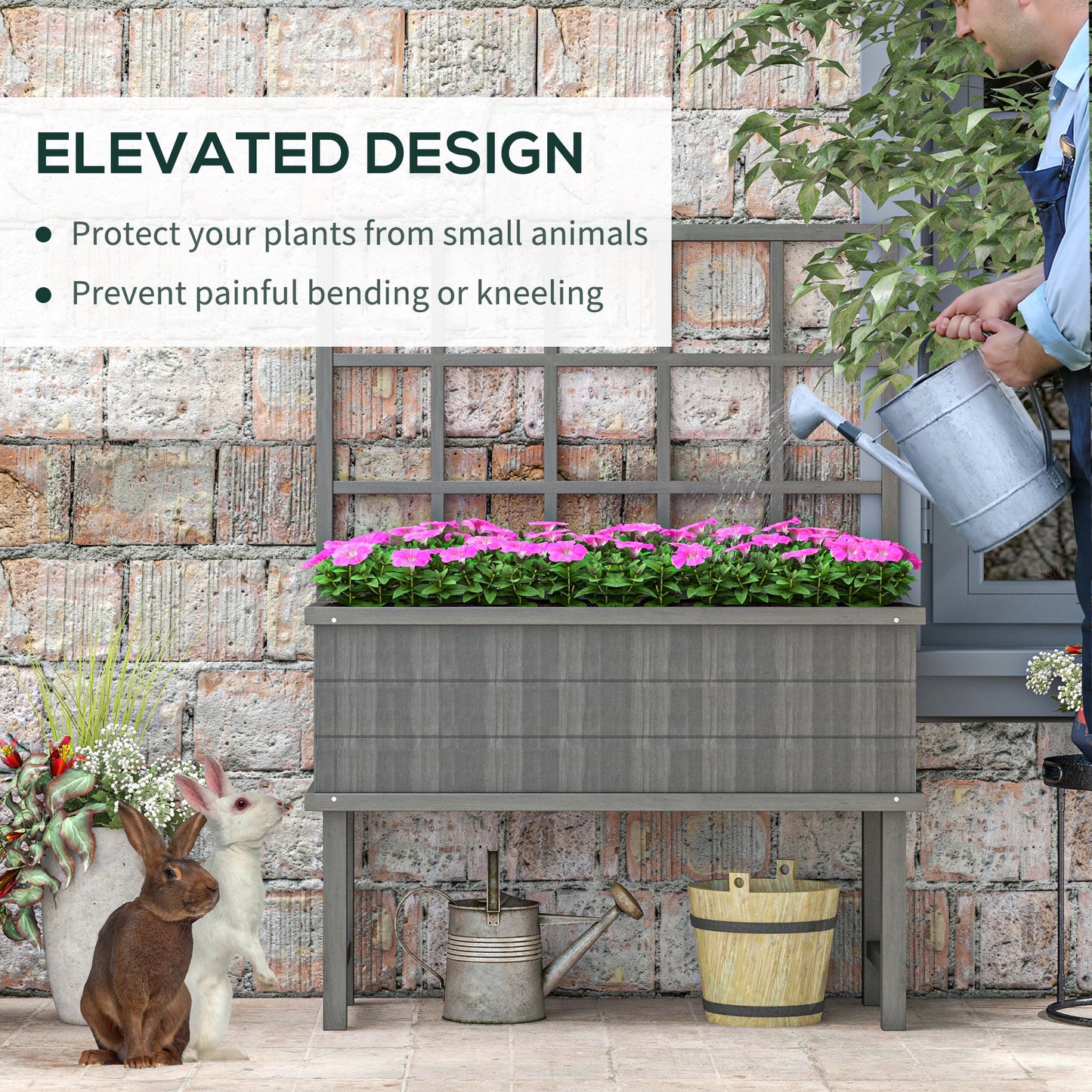 Outsunny 45 x 105cm Wooden Garden Planter, with Trellis - Grey