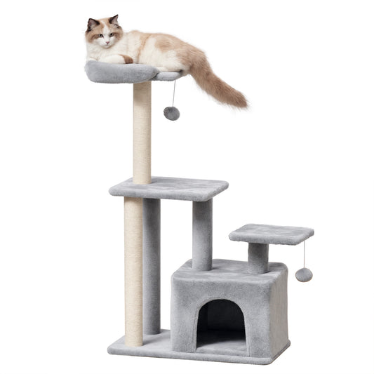 Photo of PawHut Cat Tree Tower for Indoor Cats 114cm Climbing Activity Centre Kitten with Sisal Scratching Post Perch Hanging Ball Condo Toy Light Grey in Grey colour on a white background