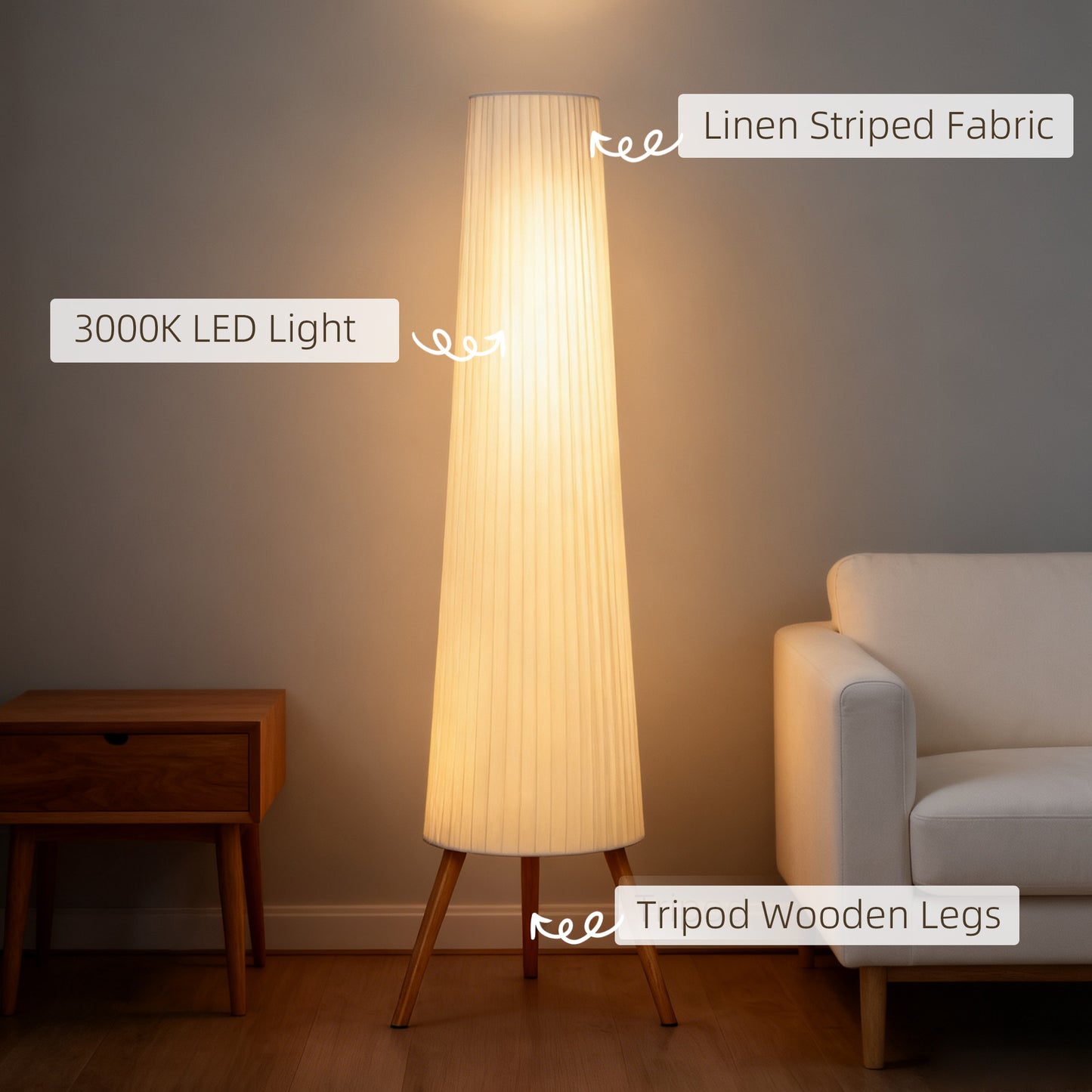 HOMCOM Dimmable Tripod Floor Lamp with Foot Switch, Nordic Standing Lamp with Fabric Shade, 153cm, White, White and Natural