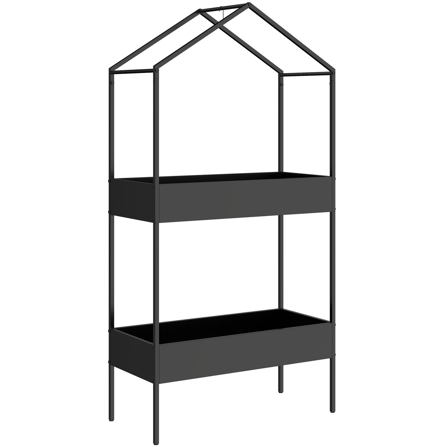 Photo of Outsunny 2 Tier Plant Stand, Outdoor Indoor Metal Plant Stand with Hook, House-Shaped Pots Holder Display Rack, Black in Black colour on a white background