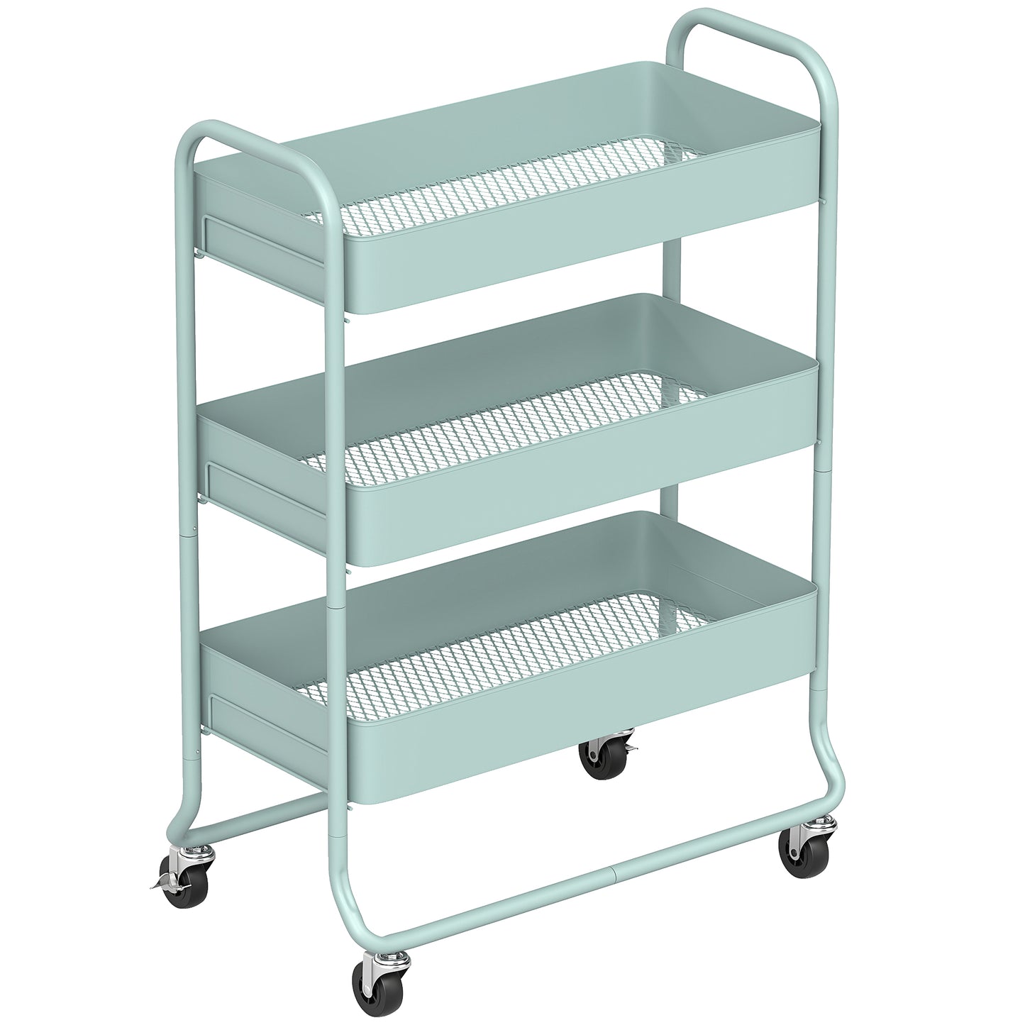 Photo of HOMCOM 3-Tier Storage Trolley on Wheels, Rolling Utility Cart with Mesh Backets for Kitchen, Bathroom, Bedroom, Light Green in Green colour on a white background