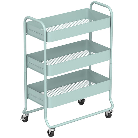 Photo of HOMCOM 3-Tier Storage Trolley on Wheels, Rolling Utility Cart with Mesh Backets for Kitchen, Bathroom, Bedroom, Light Green in Green colour on a white background