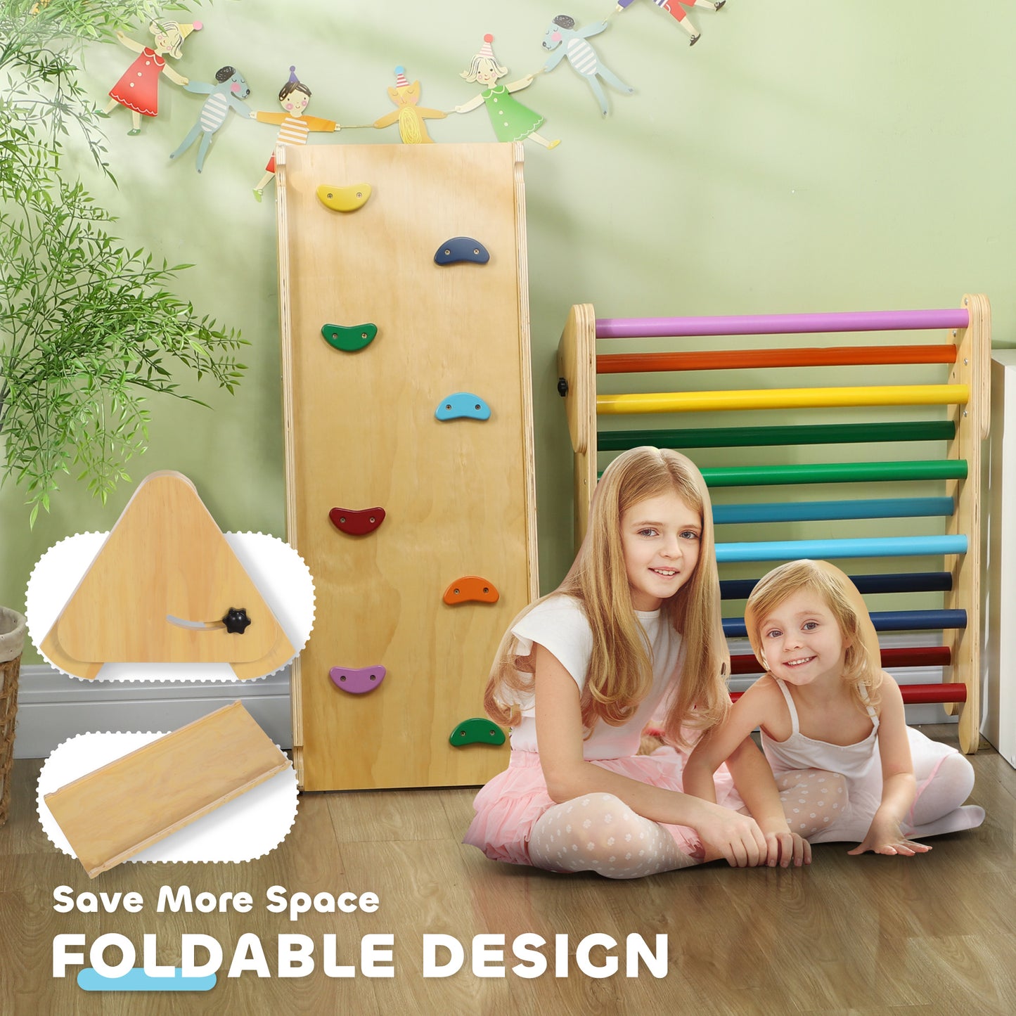 AIYAPLAY Toddler Climbing Frame for Kids, with Ramp, 3-in-1 Wooden Play Triangle Set for 18-48 Months, Multicolour