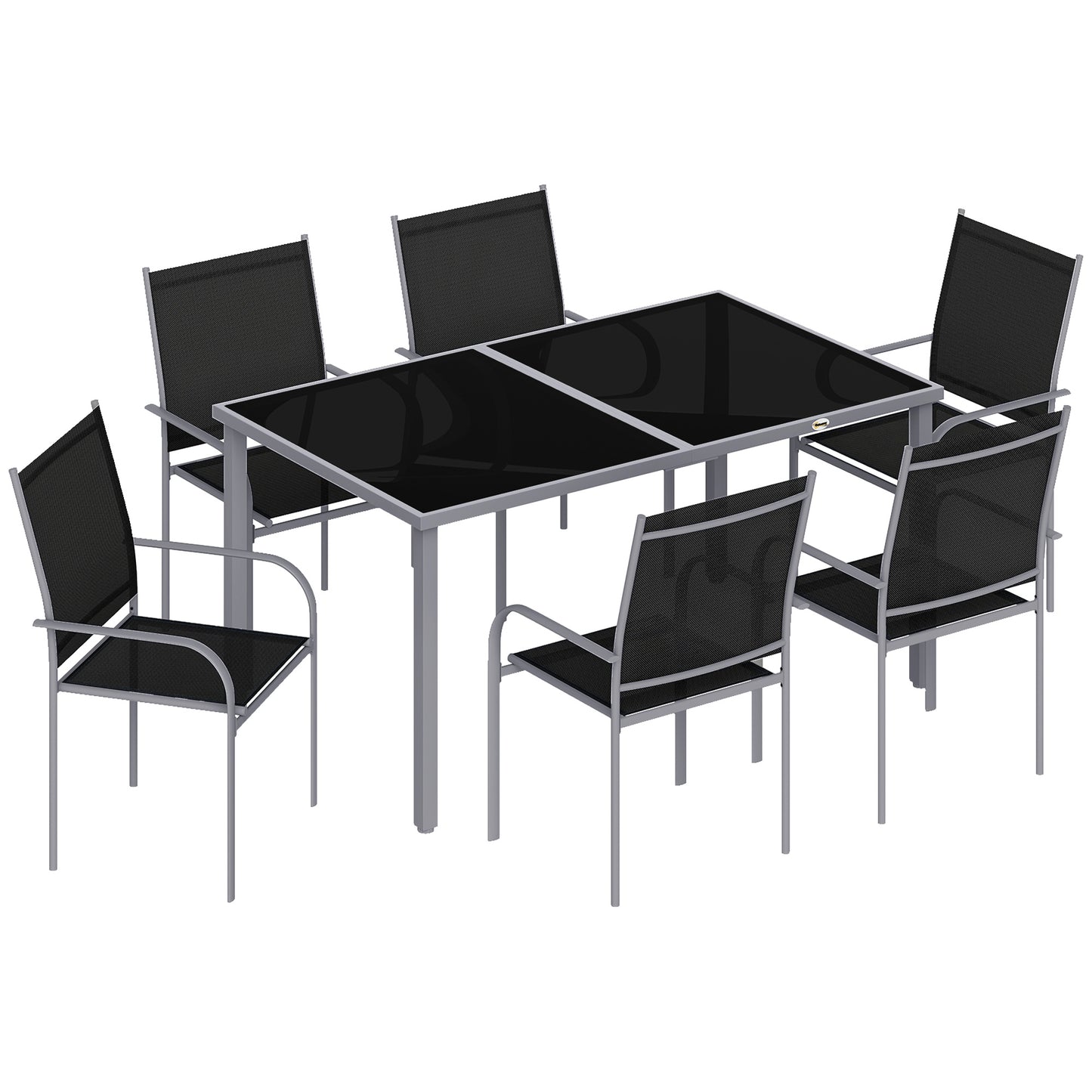 Photo of Outsunny 7 Piece Outdoor Garden Dining Set with Table and 6 Stackable Chairs, Steel Frame, Tempered Glass Top, Mesh Seats, Black in Black colour on a white background