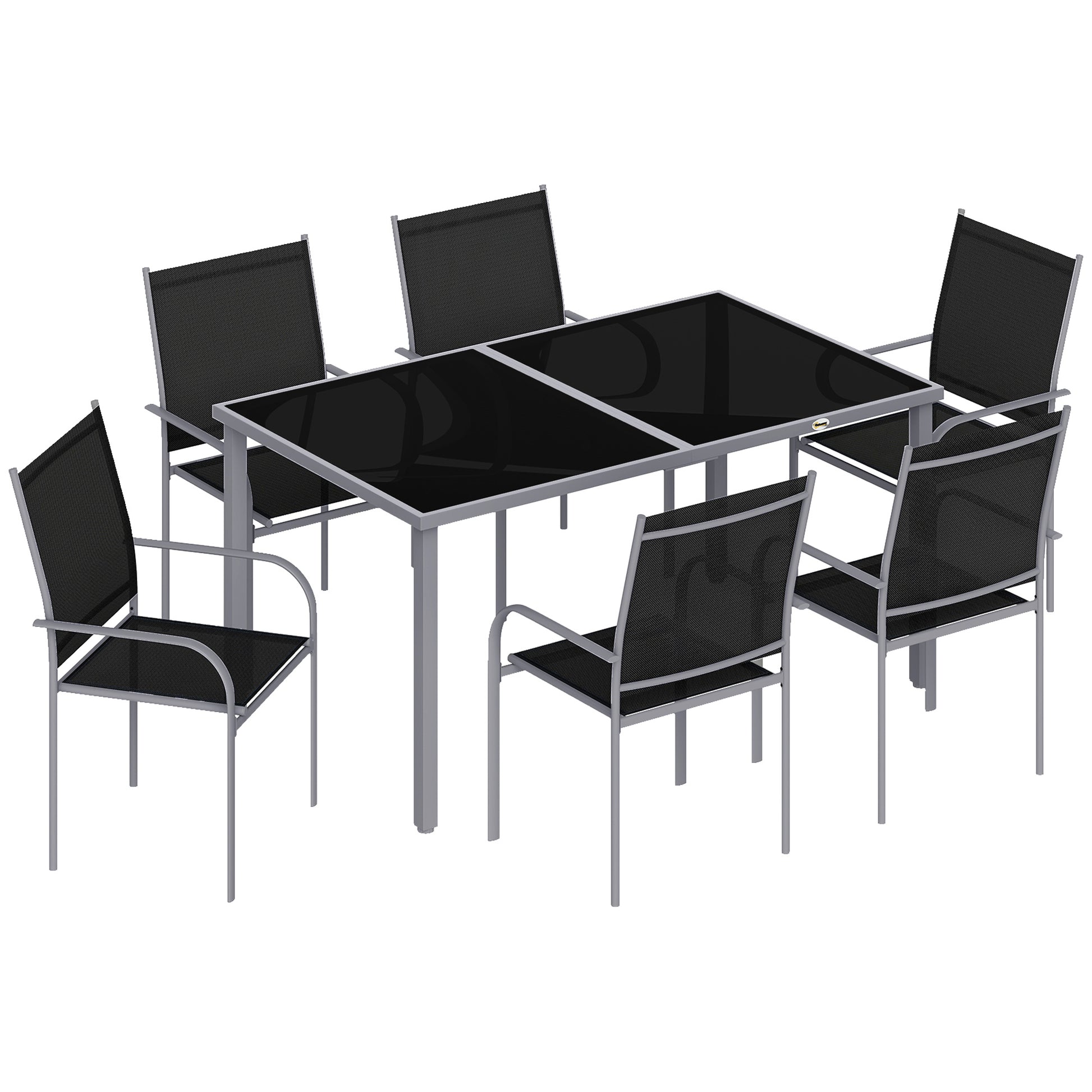 Photo of Outsunny 7 Piece Outdoor Garden Dining Set with Table and 6 Stackable Chairs, Steel Frame, Tempered Glass Top, Mesh Seats, Black in Black colour on a white background