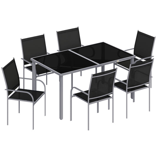 Photo of Outsunny 7 Piece Outdoor Garden Dining Set with Table and 6 Stackable Chairs, Steel Frame, Tempered Glass Top, Mesh Seats, Black in Black colour on a white background