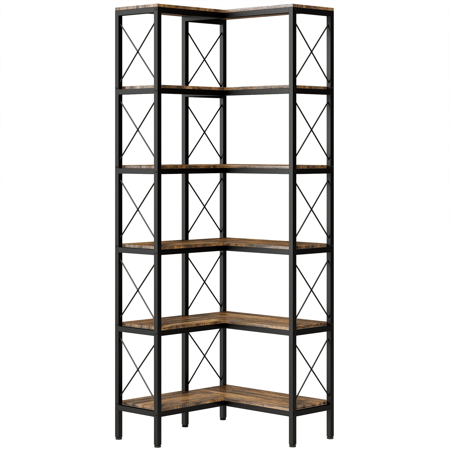 Photo of HOMCOM 5-Tier L-Shaped Bookshelf, Freestanding Corner Bookcase with Metal Frame, Rustic Brown in Brown colour on a white background