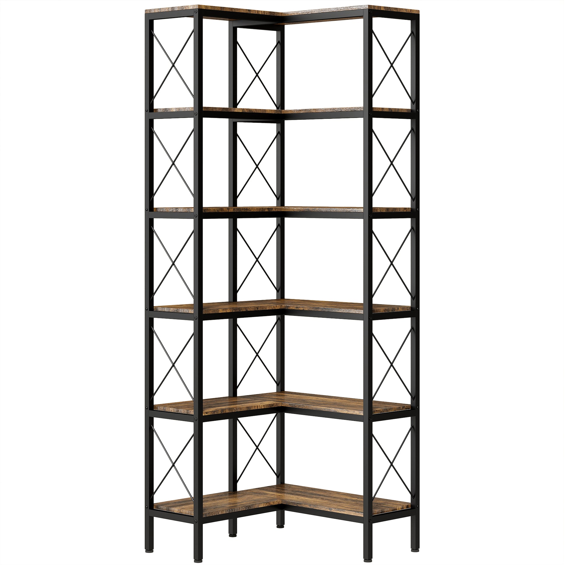 Photo of HOMCOM 5-Tier L-Shaped Bookshelf, Freestanding Corner Bookcase with Metal Frame, Rustic Brown in Brown colour on a white background