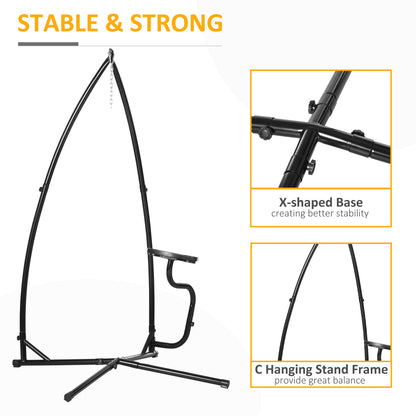 Hammock chair stand with close-ups of its X-shaped base and curved frame