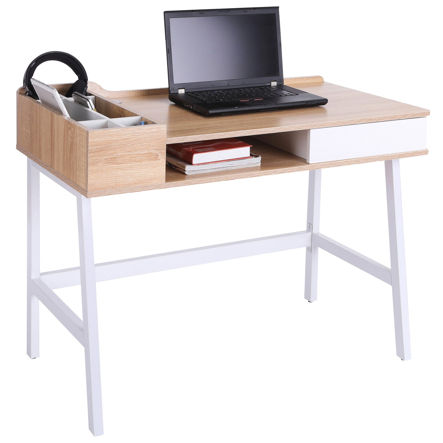 Photo of HOMCOM Computer Desk, Writing Desk, Study Workstation with Drawer, Storage Compartments, Cable Management, Laptop Table, Metal Frame, 100 x 55 x 81.5cm, Oak and White in White colour on a white background