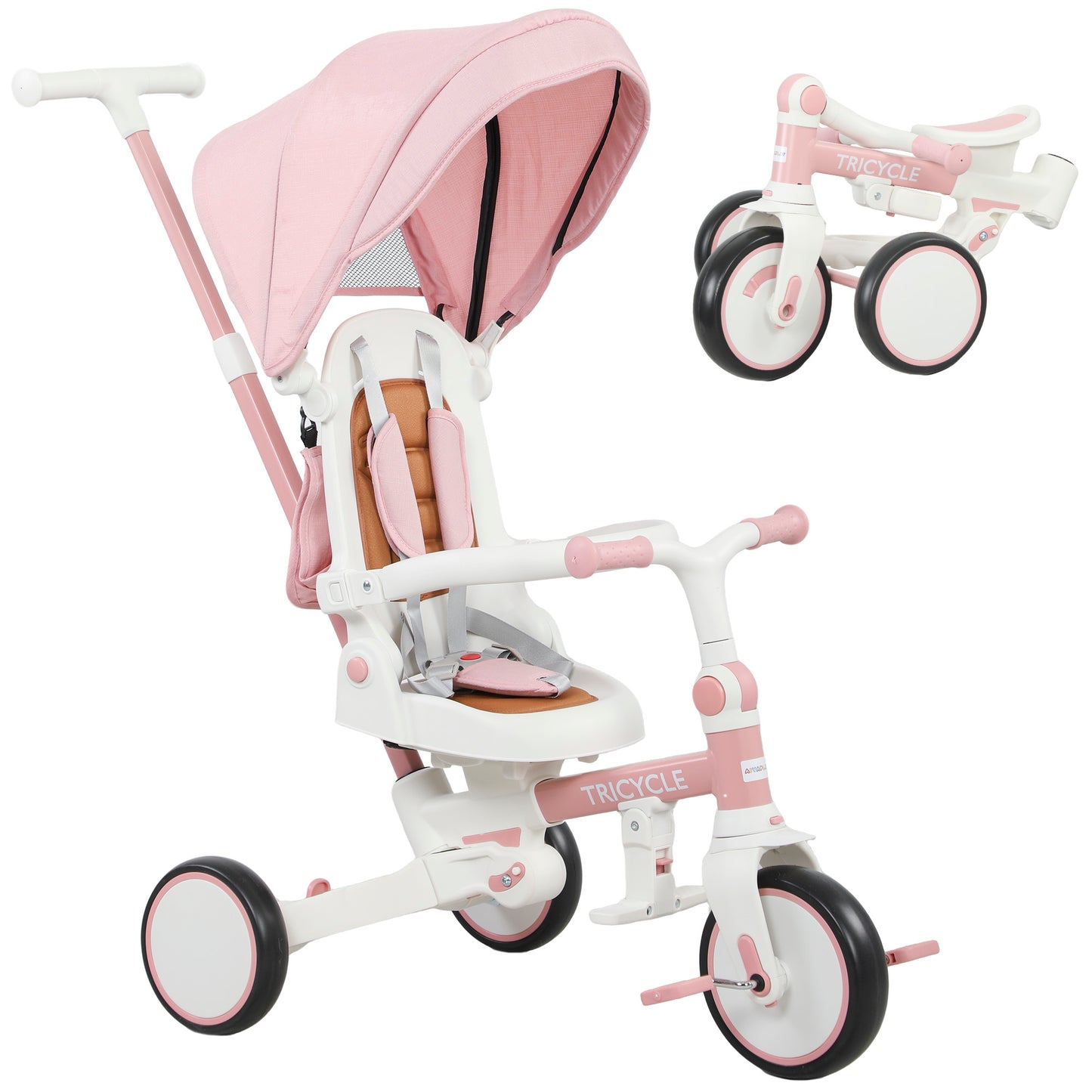 Photo of AIYAPLAY 5 in 1 Kids Trike with Adjustable Backrest, Toddler Tricycle with Push Handlebar, Adjustable Backrest, Pink in Pink colour on a white background